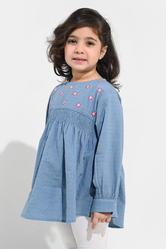 Girls Dobby Emb Top Smoking Wiggle-Blue