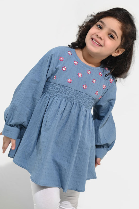 Girls Dobby Emb Top Smoking Wiggle-Blue