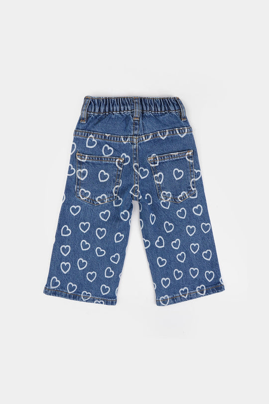 Infant Girls Denim Stretch Pant Allover Hearts-Mid Blue