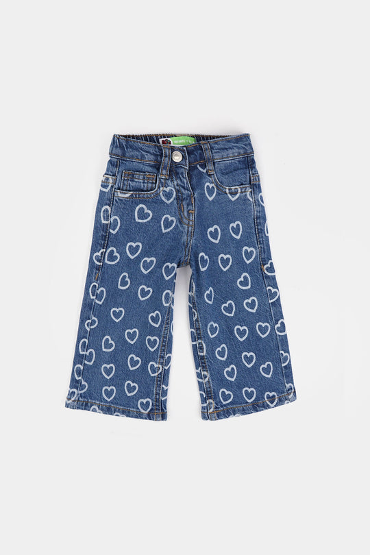 Infant Girls Denim Stretch Pant Allover Hearts-Mid Blue