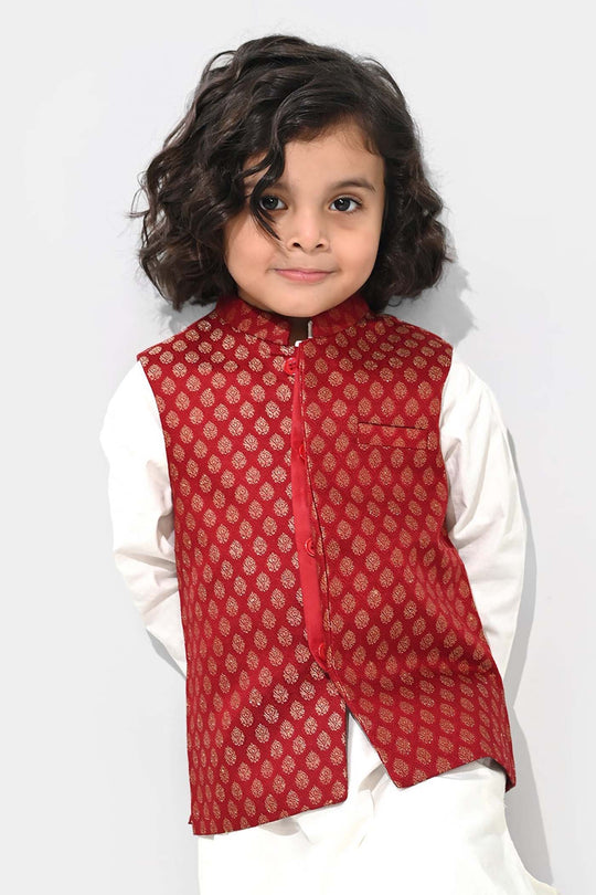 Boys Poly Viscose Waist Coat (Golden Lurex)-RED