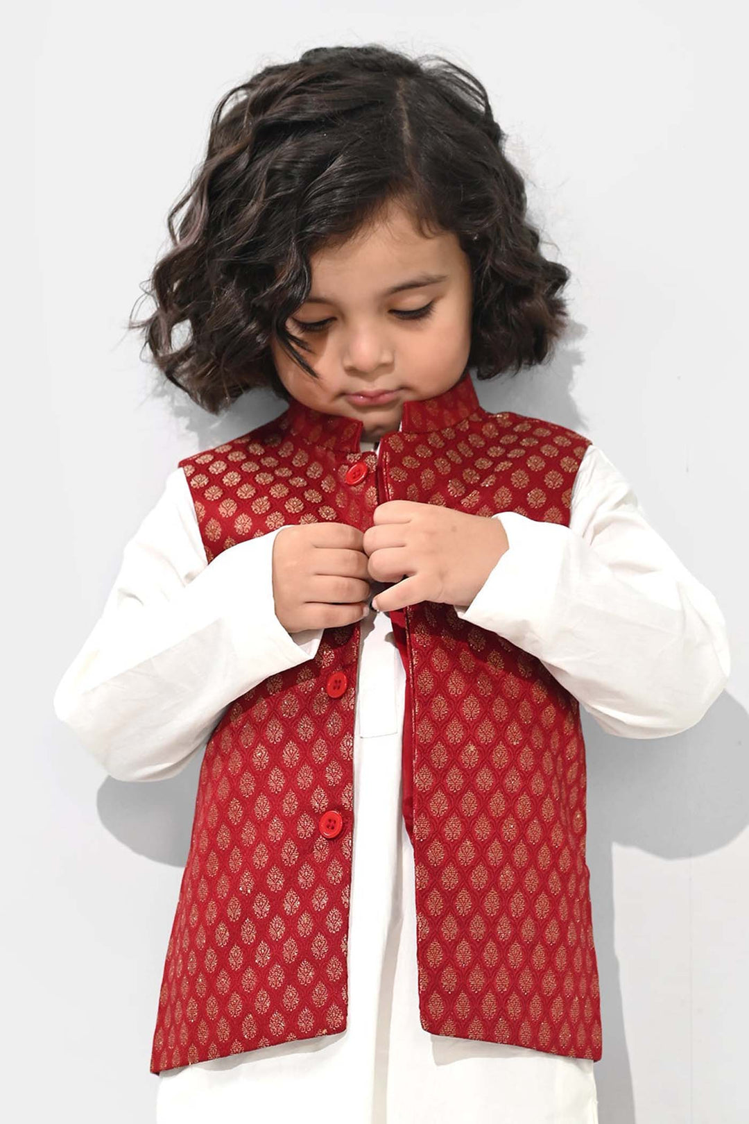 Boys Poly Viscose Waist Coat (Golden Lurex)-RED