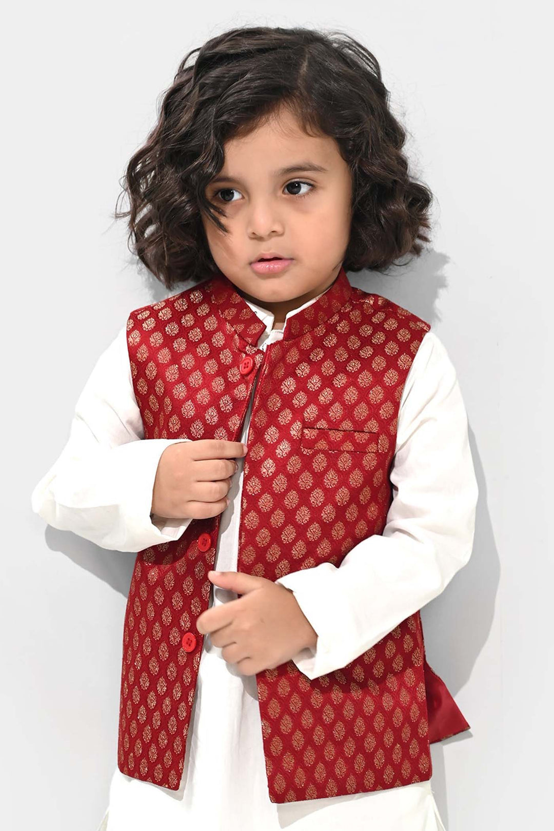 Boys Poly Viscose Waist Coat (Golden Lurex)-RED
