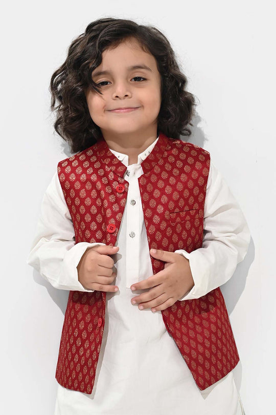 Boys Poly Viscose Waist Coat (Golden Lurex)-RED