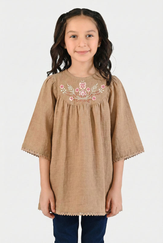 Girls Cotton Emb Top Pink Butter Fly-Sand