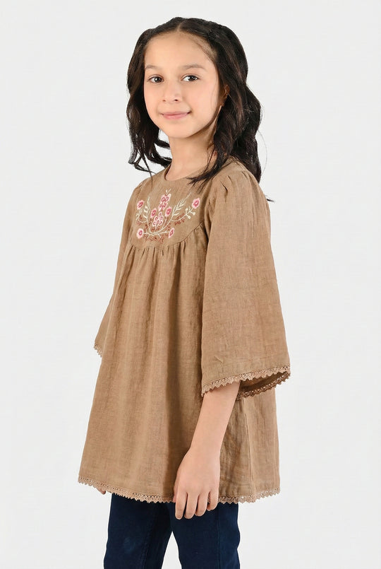 Girls Cotton Emb Top Pink Butter Fly-Sand