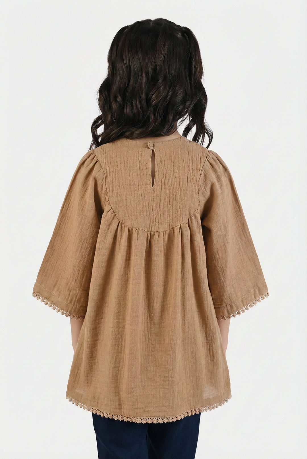 Girls Cotton Emb Top Pink Butter Fly-Sand