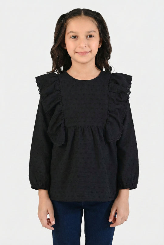 Girls Cotton Embroidered Top - Black