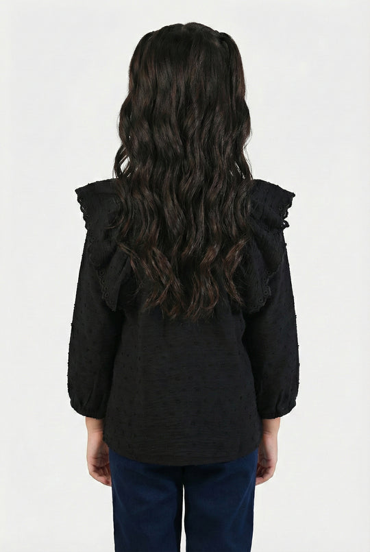 Girls Cotton Embroidered Top - Black