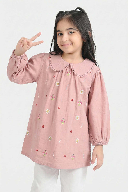 Girls Cotton Embroidered Top (Peter Pan Style) - Pink