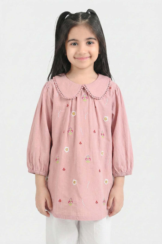 Girls Cotton Embroidered Top (Peter Pan Style) - Pink