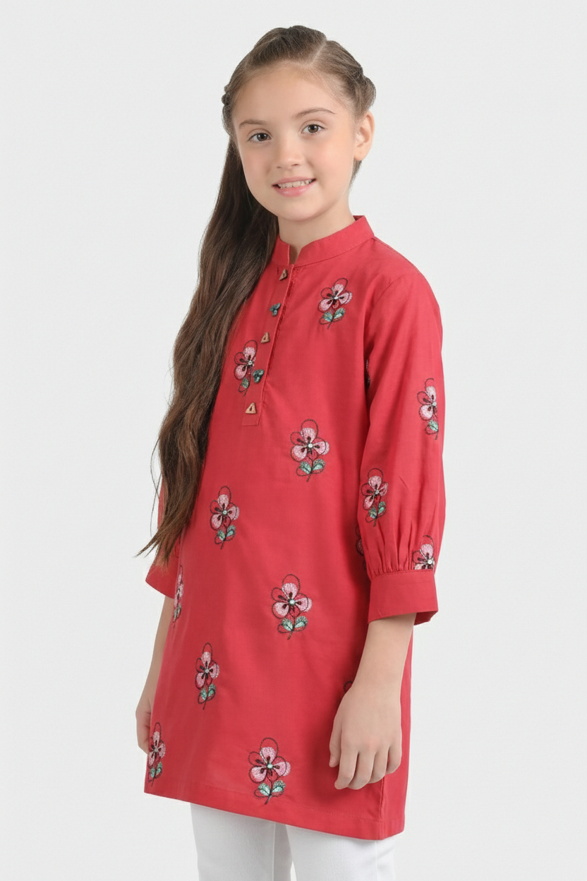 Girls Poplin Embroidered Kurti Flower - Red