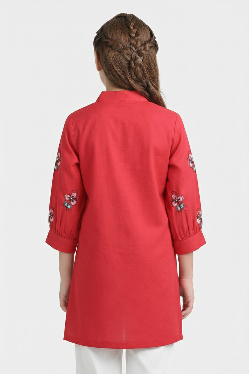 Girls Poplin Embroidered Kurti Flower - Red