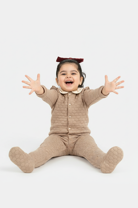 Infant Girls Quilted Romper Smile Flower-BROWN