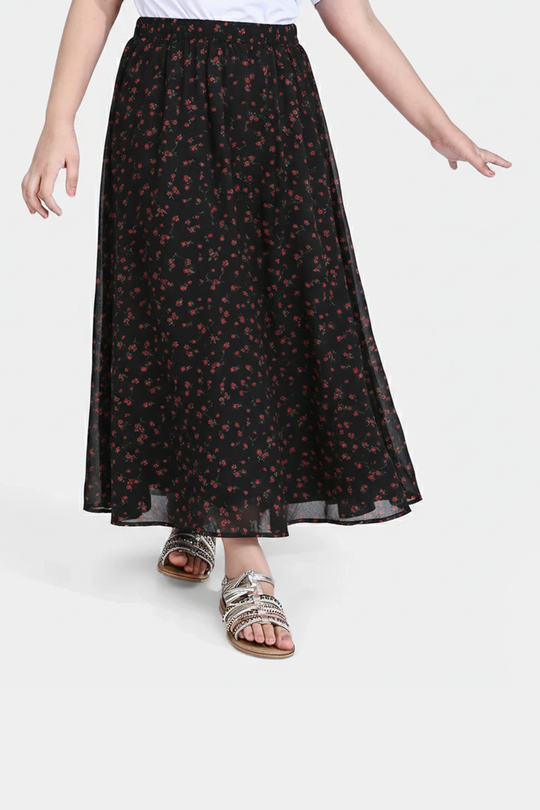 Girls Chiffon Long Skirt Tiny Flower - Black