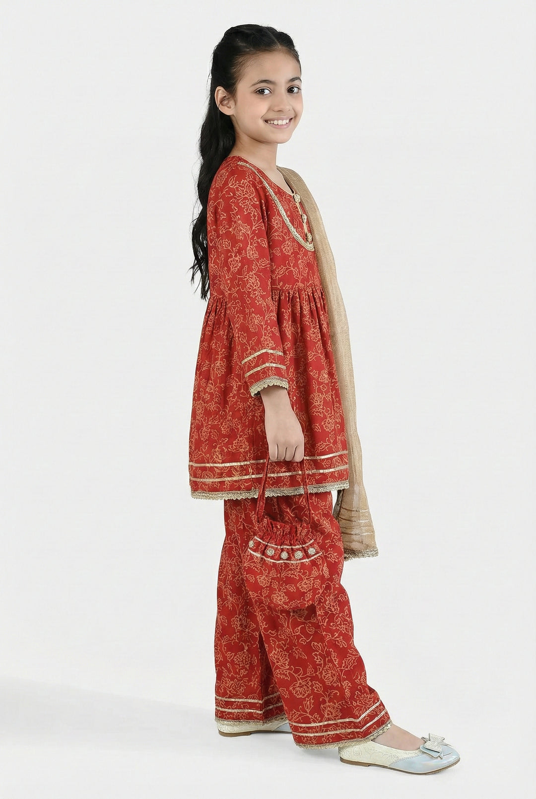 Girls Raw Silk 4PCs - Red