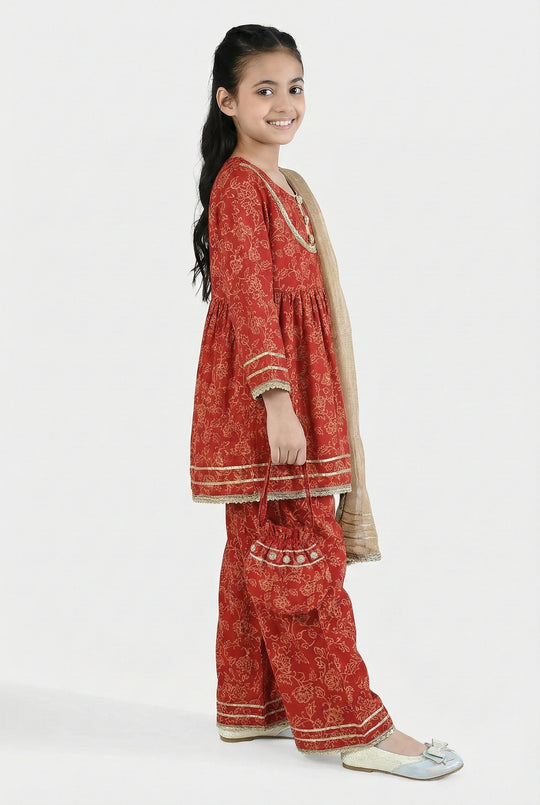 Girls Raw Silk 4PCs - Red