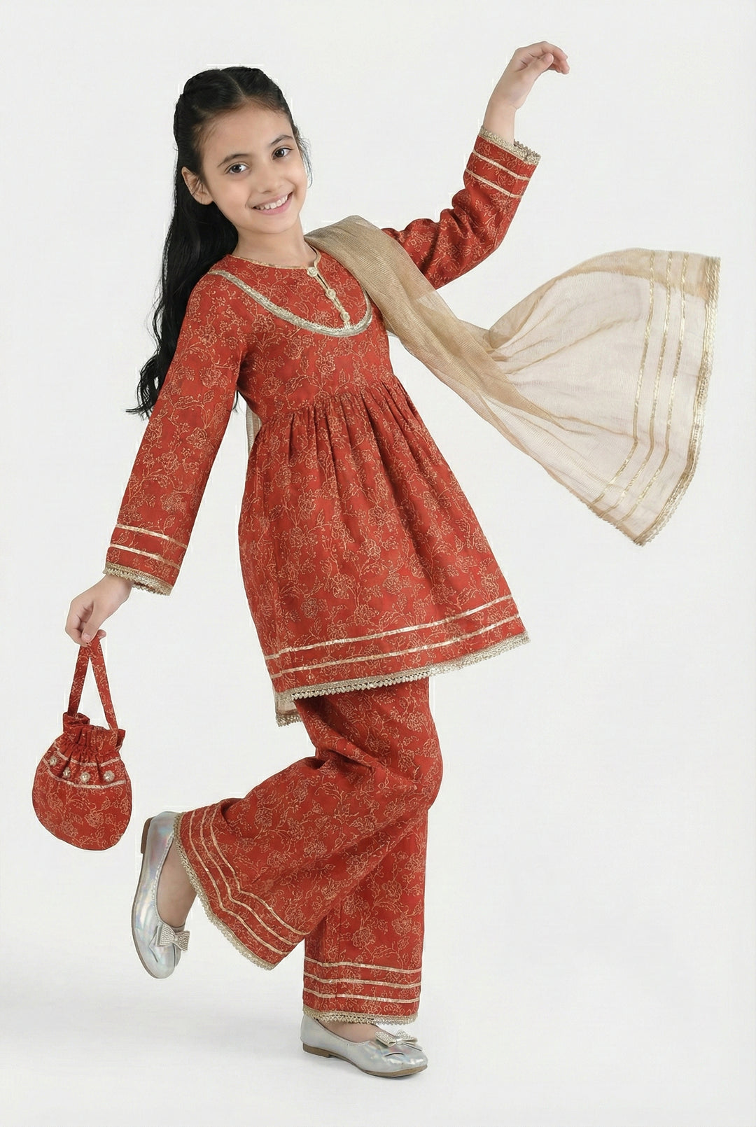 Girls Raw Silk 4PCs - Red