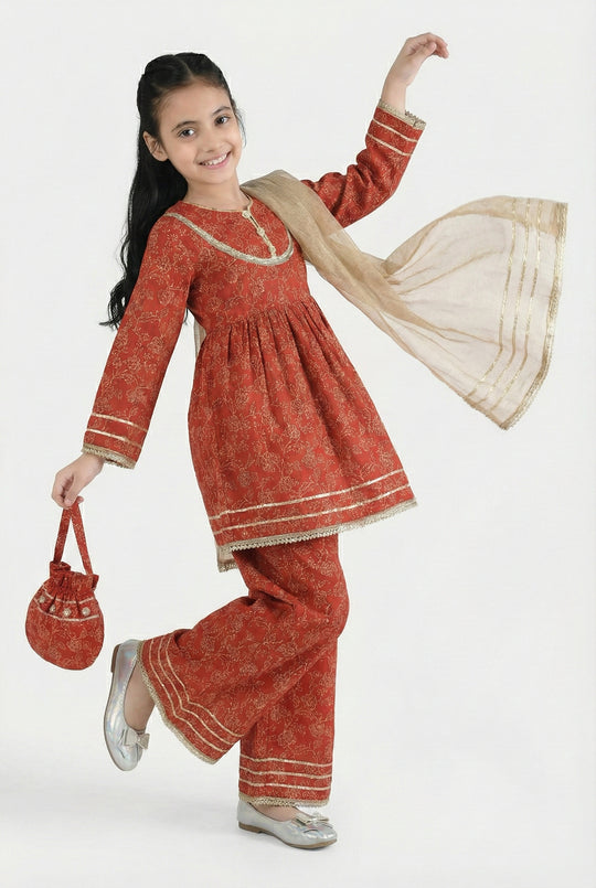 Girls Raw Silk 4PCs - Red