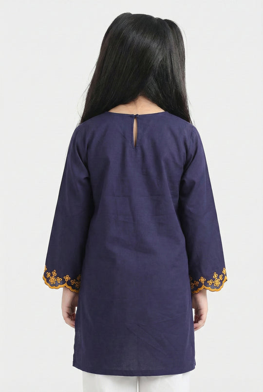 Girls Cotton Embroidered Kurti  - Navy Blue