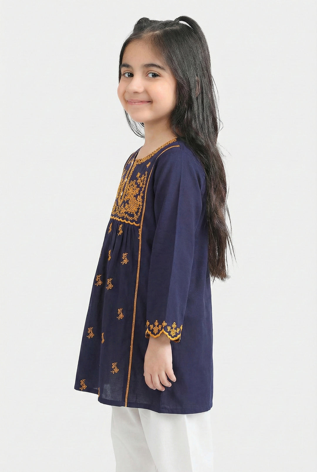 Girls Cotton Embroidered Kurti  - Navy Blue