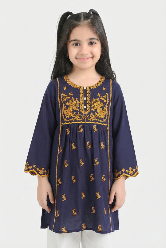 Girls Cotton Embroidered Kurti  - Navy Blue