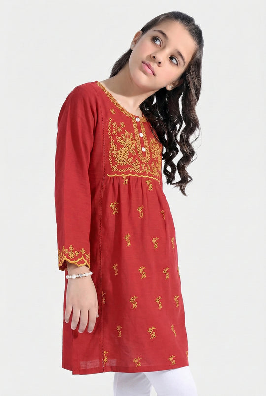 Girls Raw Silk Emb Kurti - Maroon