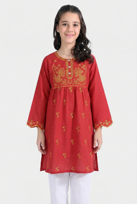 Girls Raw Silk Emb Kurti - Maroon