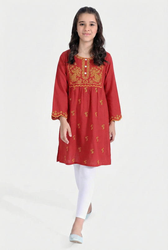 Girls Raw Silk Emb Kurti - Maroon
