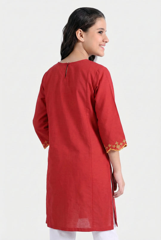 Girls Raw Silk Emb Kurti - Maroon
