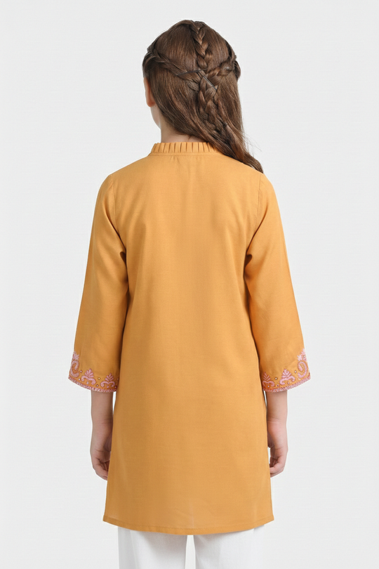 Girls Slub Jersey Embroidered Kurti - Mustard