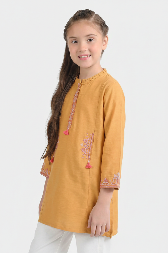 Girls Slub Jersey Embroidered Kurti - Mustard