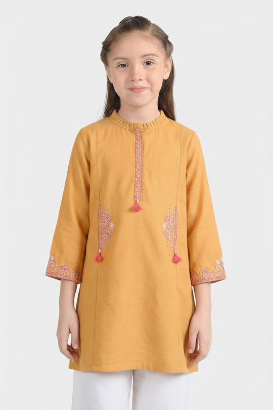 Girls Slub Jersey Embroidered Kurti - Mustard