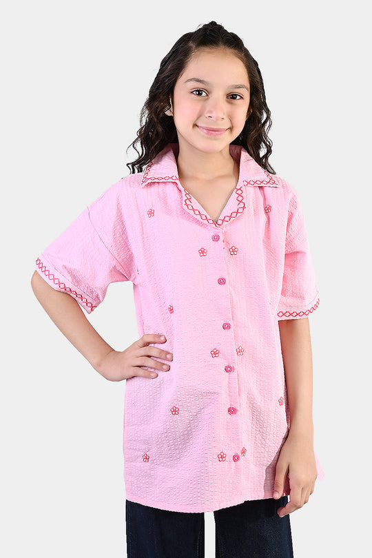 Girls Cotton Embroidered Top (Candy) - Pink