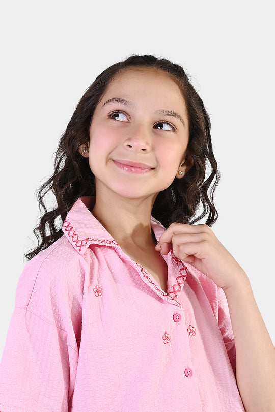 Girls Cotton Embroidered Top (Candy) - Pink