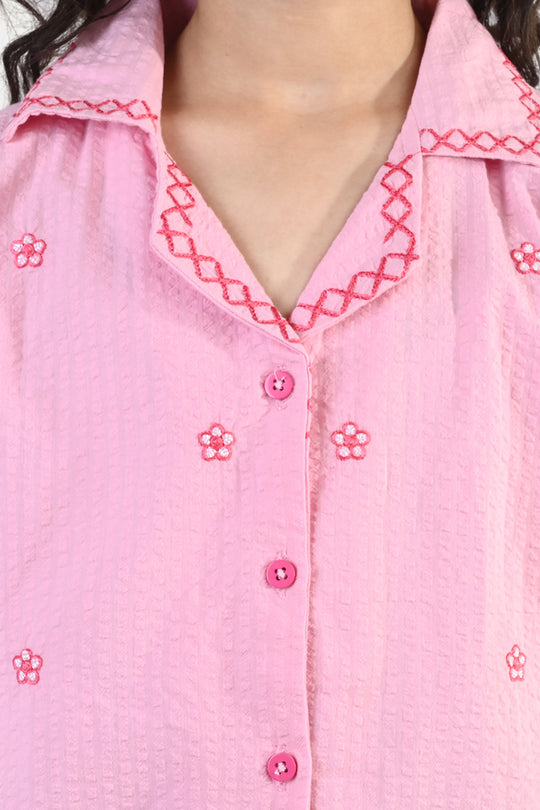 Girls Cotton Embroidered Top (Candy) - Pink