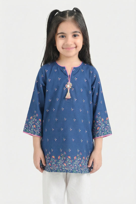 Girls Cotton Poplin Printed Floral Kurti - Blue