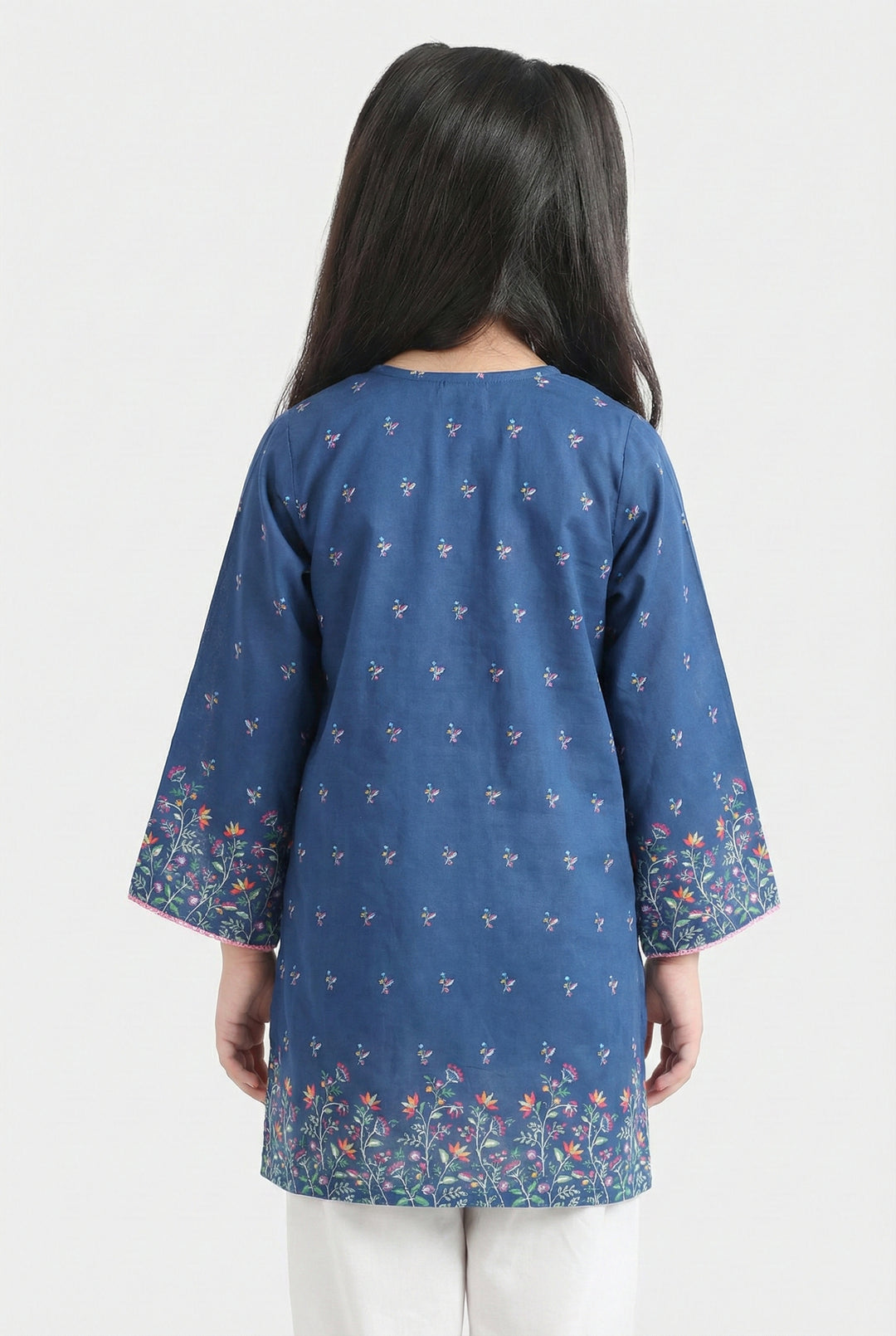 Girls Cotton Poplin Printed Floral Kurti - Blue
