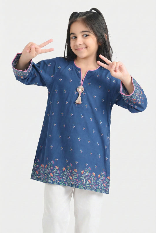 Girls Cotton Poplin Printed Floral Kurti - Blue