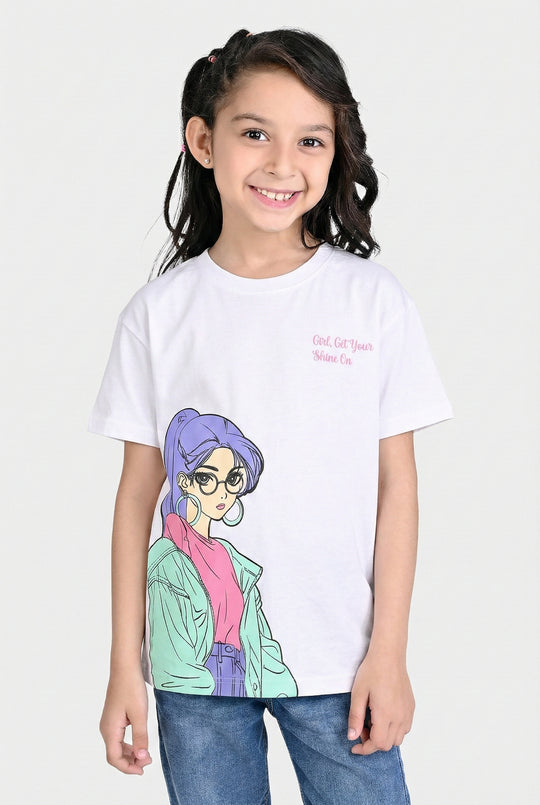 Girls Jersey/Terry T-Shirt (Shine On) - White
