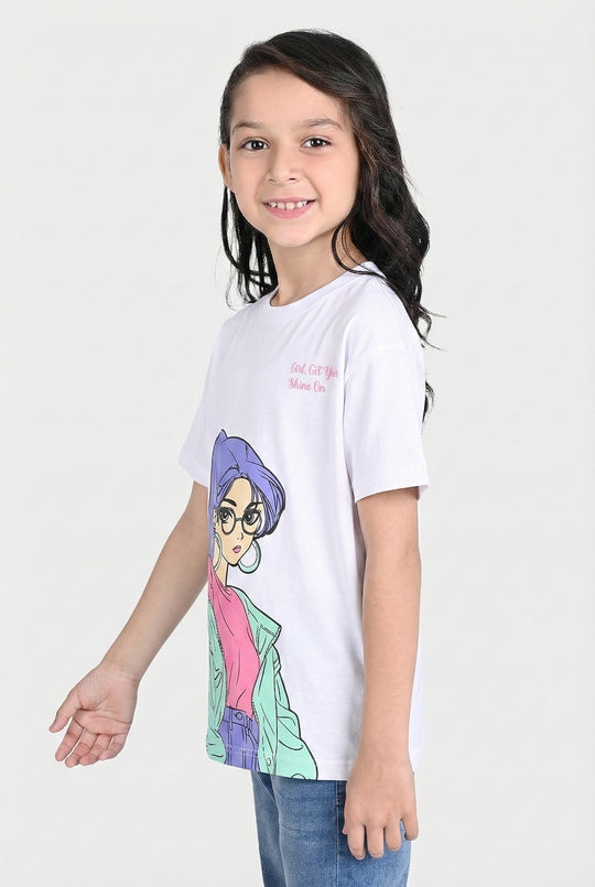 Girls Jersey/Terry T-Shirt (Shine On) - White