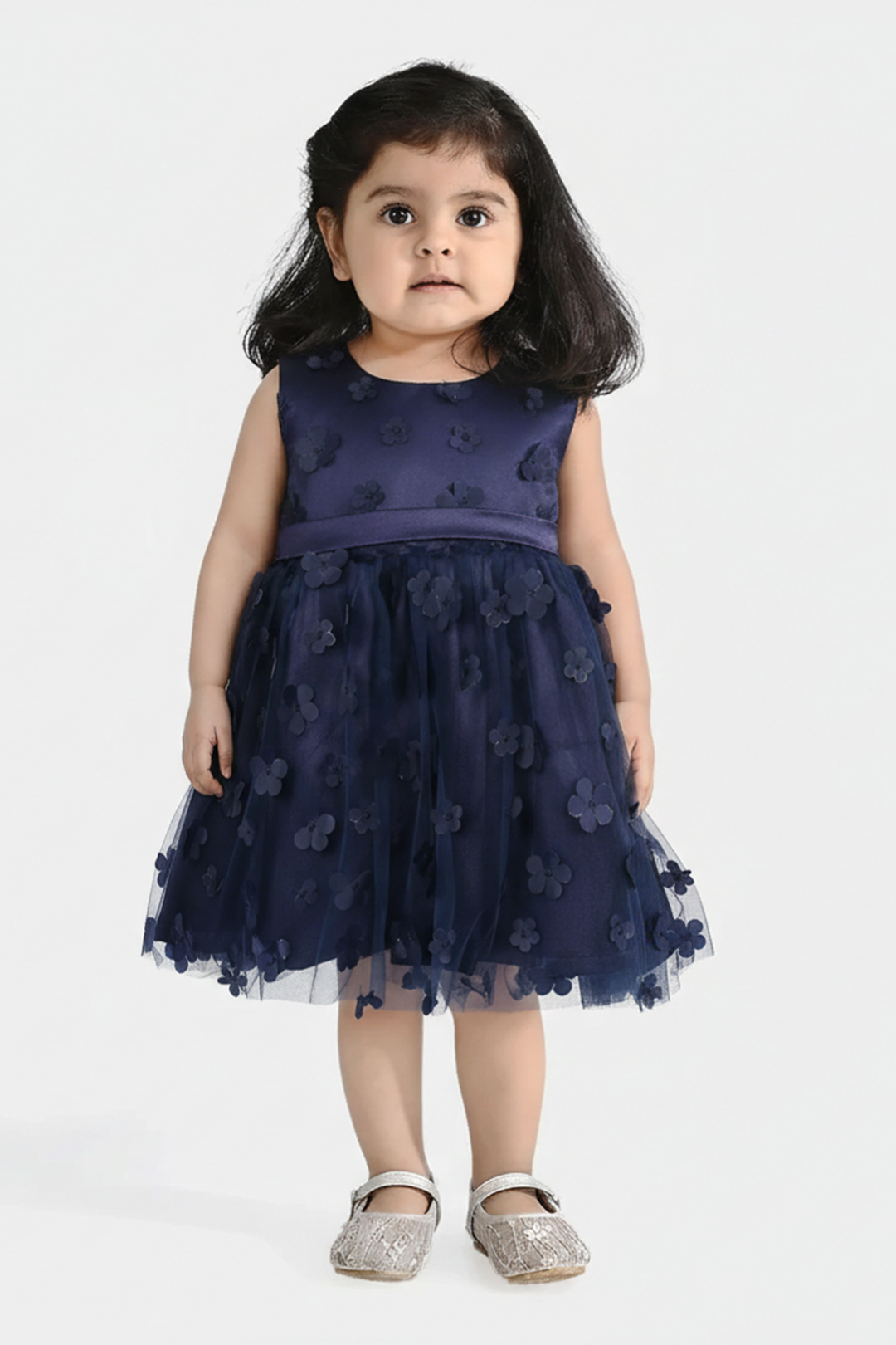 Infant Girls Net Fancy Frock (Flower) - Navy