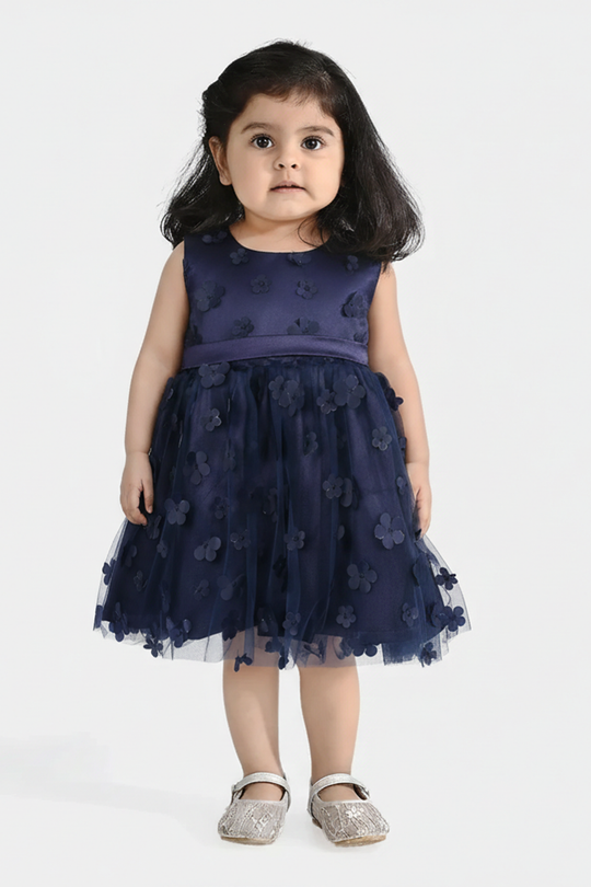 Infant Girls Net Fancy Frock (Flower) - Navy