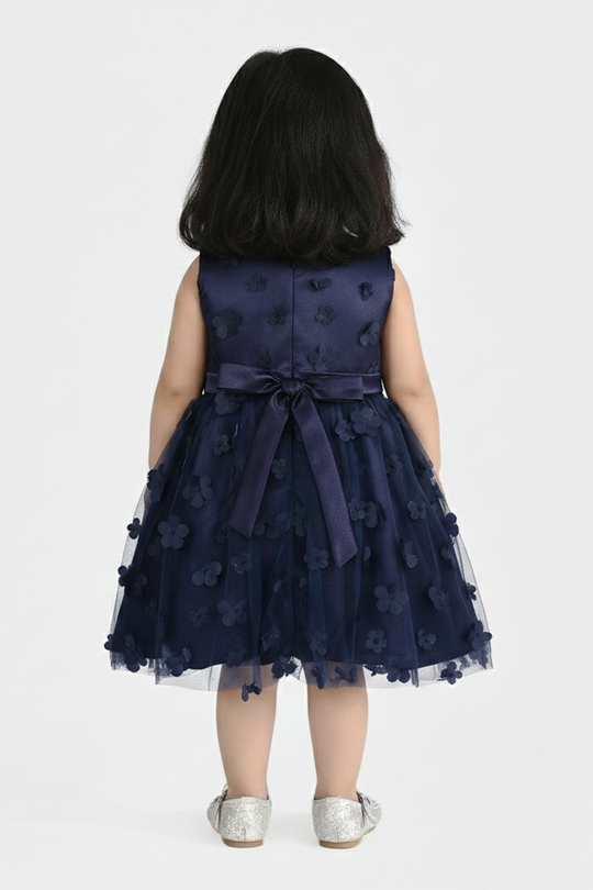 Infant Girls Net Fancy Frock (Flower) - Navy