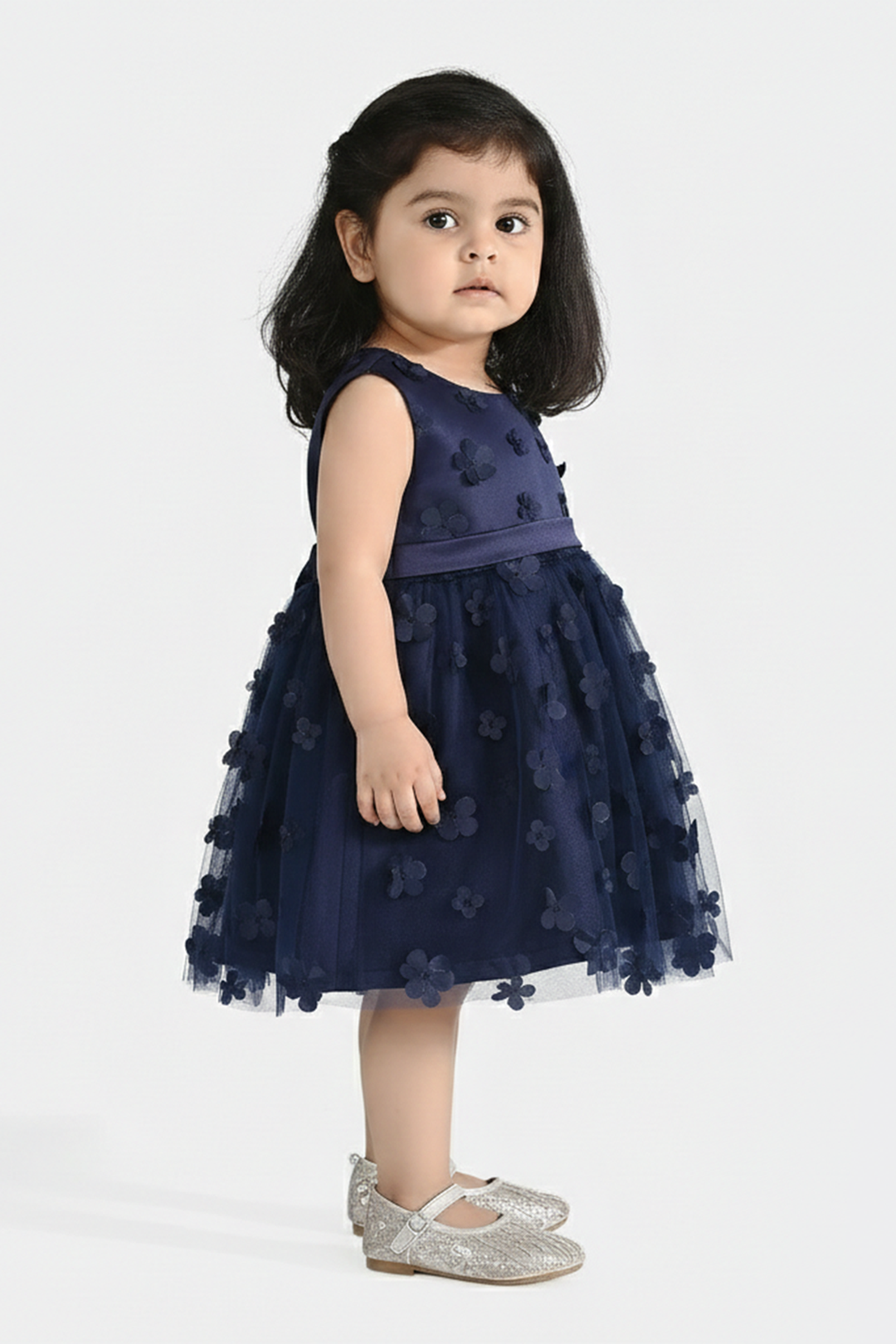 Infant Girls Net Fancy Frock (Flower) - Navy