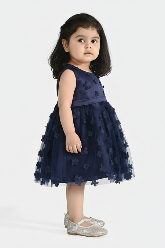 Infant Girls Net Fancy Frock (Flower) - Navy