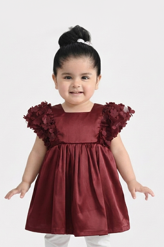 Infant Girls Poly Satin Fancy Frock (Flower) - Maroon