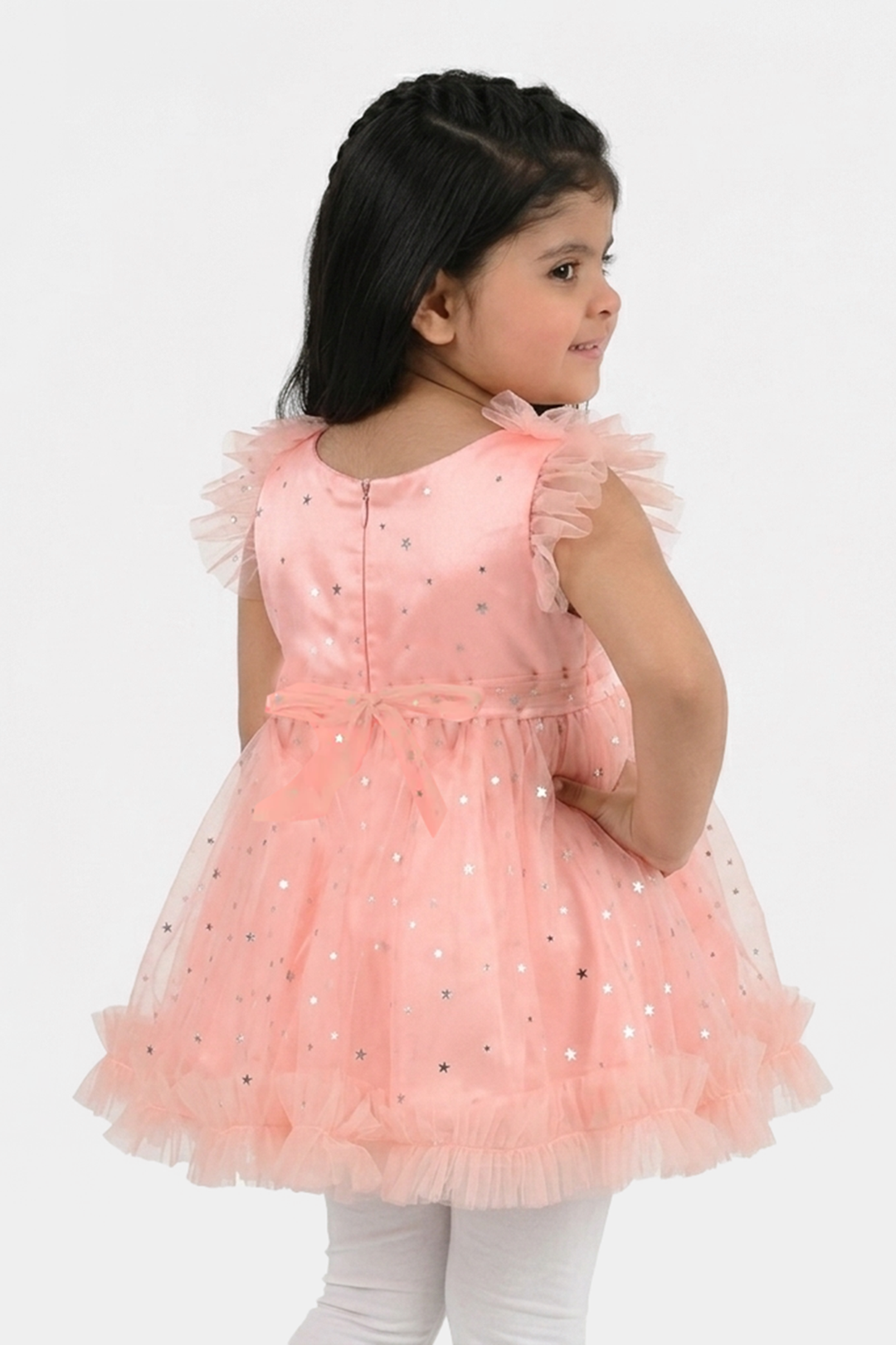 Infant Girls Net Fancy Frock (Stars) - Peach
