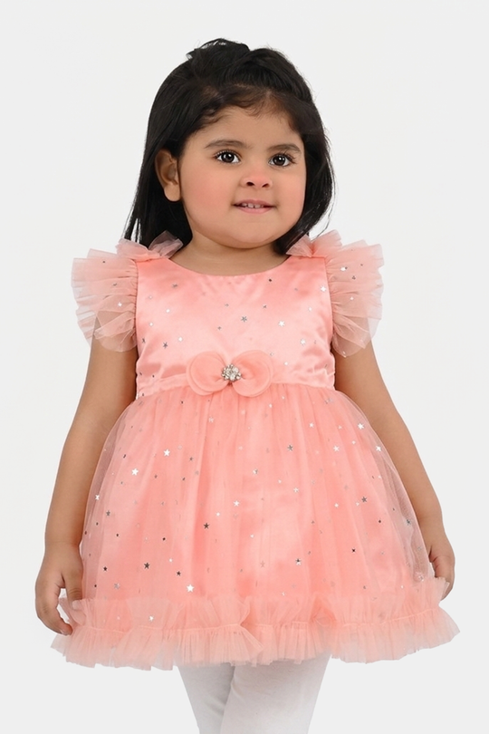 Infant Girls Net Fancy Frock (Stars) - Peach