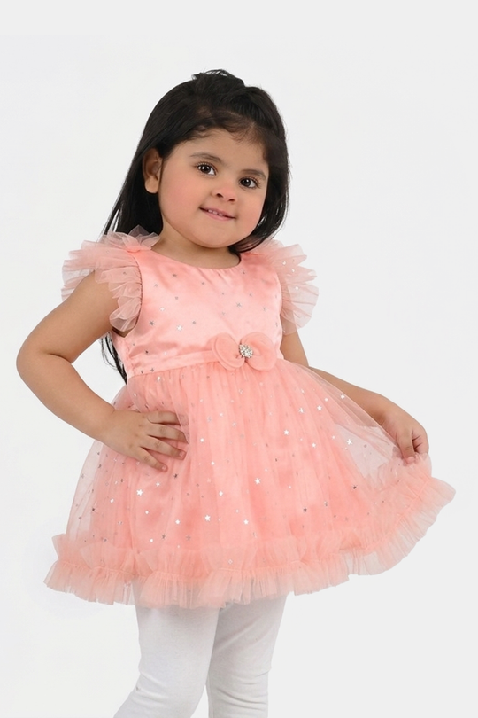 Infant Girls Net Fancy Frock (Stars) - Peach